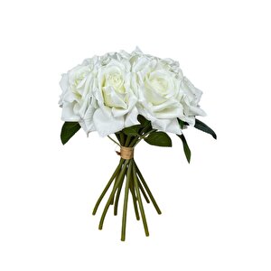 Yapay Çiçek Beyaz Gül 10lu Demet Gelin Çiçeği Buketi Masa Üstü Vazo Çiçeği 25cm