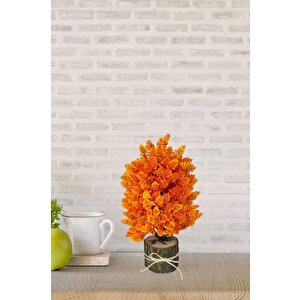 Yapay Çiçek Bonsai Ağacı Turuncu Kozalaklı Kütük Saksıda Dekoratif Yapay Ağaç Bonzai 30*15 Cm