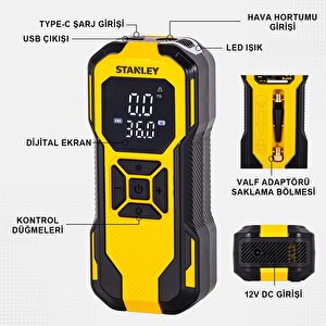 Stanley Sxif0101 12v / Şarjlı Li-ion 150 Psi Dijital Göstergeli Akıllı Lastik Şişirme Pompası+ Powerbank + Sos + Led Lamba