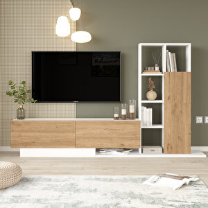 Lotus Tv Ünitesi Kapaklı Kitaplık Raf Sepet-beyaz