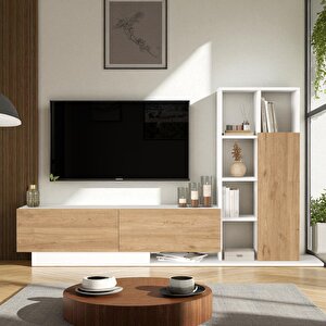 Tv Ünitesi Kapaklı Kitaplık Raflı Beyaz