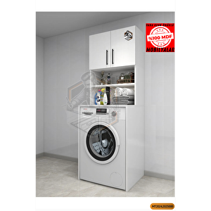 Tamamı Mdf Açık Raflı Ve Kapaklı Çamaşır Makinesi Dolabı, Banyo Dolabı, 4 Raflı, Kapaklı