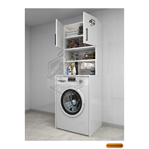 Tamamı Mdf Açık Raflı Ve Kapaklı Çamaşır Makinesi Dolabı, Banyo Dolabı, 4 Raflı, Kapaklı