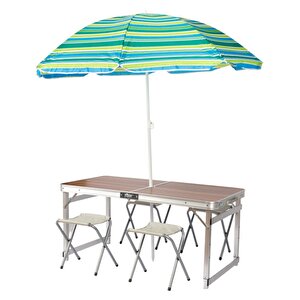 Şemsiyeli Tabureli Deluxe Katlanabilir Piknik Masası Seti - Ahşap