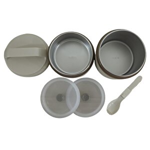 Bento Yuvarlak 2 Katlı Lunch Box Yemek Termosu Bej 1200 Ml