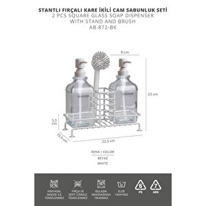 Okyanus Home Beyaz Pompalı Fırçalı Ve Standlı İkili Kare Cam Sıvı Sabunluk 500ml