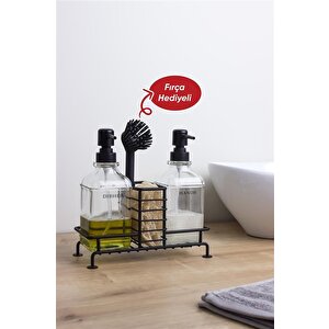 Siyah Pompalı Fırçalı Ve Standlı İkili Kare Cam Sıvı Sabunluk 500ml