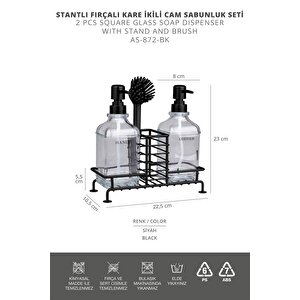 Okyanus Home Siyah Pompalı Fırçalı Ve Standlı İkili Kare Cam Sıvı Sabunluk 500ml