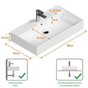 Plan Tezgah Üstü Kare Lavabo , 80 X 45 Cm., Beyaz