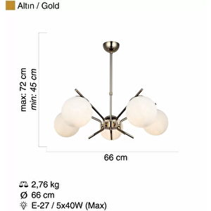 Beyaz Glop Camlı Krom Sarkıt Avize 5'li ve Camlı Avize