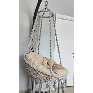 MİS38001 Açık Gri Tek Kişilik Makrome El Örgüsü Salıncak Minderli (MİNDER SETİ VE SALINCAK)