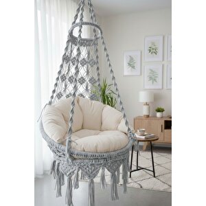 MİS38001 Açık Gri Tek Kişilik Makrome El Örgüsü Salıncak (SADECE SALINCAK)