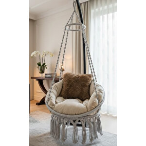 Tek Kişilik Makrome El Örgüsü Salıncak (Açık Gri̇) Mi̇nder Ve Askı Demi̇ri̇ ile Mi̇s38003gri̇ma