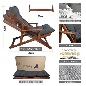 Puf Minderli Ahşap Kademeli Şezlong Bahçe&balkon&teras&plaj Katlanır Şezlong Ceviz Antrasit
