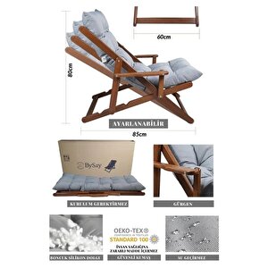 Puf Minderli Ahşap Kademeli Şezlong Bahçe&balkon&teras&plaj Katlanır Şezlong Ceviz Gri