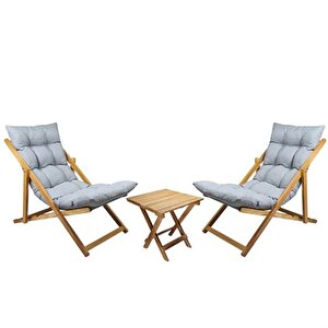 Ahşap Katlanabilir Taşınır Puf Minderli Şezlong Balkon Sandalyesi Takımı 3 Lü Set Gri