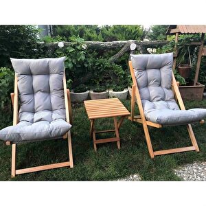 Ahşap Katlanabilir Taşınır Puf Minderli Şezlong Balkon Sandalyesi Takımı 3 Lü Set Gri