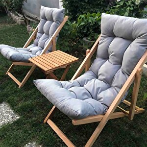 Reyo Ahşap Katlanabilir Taşınır Puf Minderli Şezlong Balkon Sandalyesi Takımı 3 Lü Set Gri
