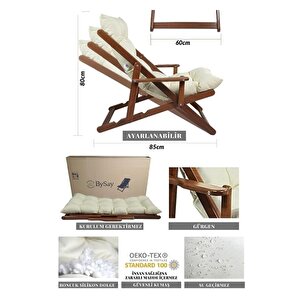 Puf Minderli Ahşap Kademeli Şezlong Bahçe&balkon&teras&plaj Katlanır Şezlong Ceviz Krem