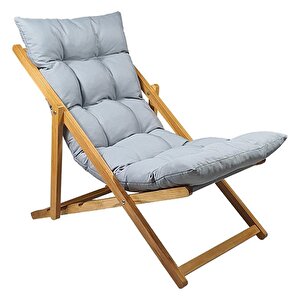Ahşap Katlanabilir Taşınır Puf Minderli Plaj, Bahçe, Balkon Şezlong Gri
