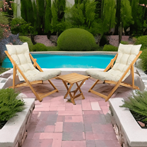 Ahşap Katlanabilir Taşınır Puf Minderli Şezlong Balkon Sandalyesi Takımı 3 Lü Set Krem