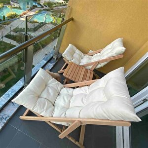 Reyo Ahşap Katlanabilir Taşınır Puf Minderli Şezlong Balkon Sandalyesi Takımı 3 Lü Set Krem