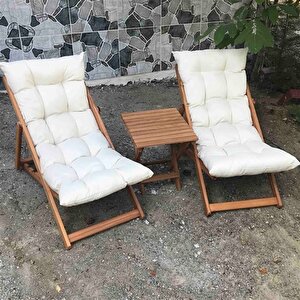 Reyo Ahşap Katlanabilir Taşınır Puf Minderli Şezlong Balkon Sandalyesi Takımı 3 Lü Set Krem