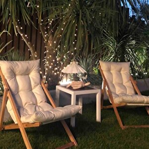 Reyo Ahşap Katlanabilir Taşınır Puf Minderli Şezlong Balkon Sandalyesi Takımı 3 Lü Set Krem