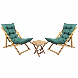 Ahşap Katlanabilir Taşınır Puf Minderli Şezlong Balkon Sandalyesi Takımı 3 Lü Set Haki