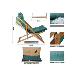 Reyo Ahşap Katlanabilir Taşınır Puf Minderli Şezlong Balkon Sandalyesi Takımı 3 Lü Set Haki
