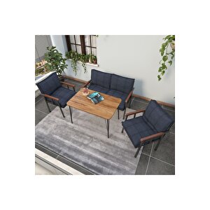 Hayal Serisi Modern Balkon, Bahçe, Cafe - Metal Kanepe Koltuk Takımı 2+1+1 - 60x90 Masalı - Lacivert Lacivert