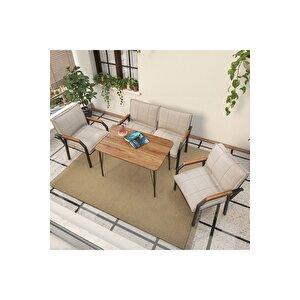 Hayal Serisi Modern Balkon, Bahçe, Cafe - Metal Kanepe Koltuk Takımı 2+1+1 - 60x90 Masalı - Krem Krem