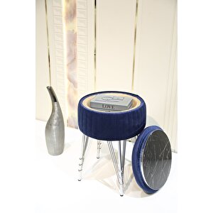 Bianco Metal Ayaklı Sehpalı Puf Krom Koyu Mavi (chrome Dark Blue)
