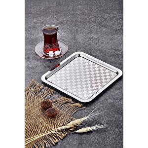 Damalı 6 Adet Kare Sunum Tepsisi Gümüş Çelik Gümüş Sunum 21 X 21 Cm Çay Kahve Tatlı Servis Sunum