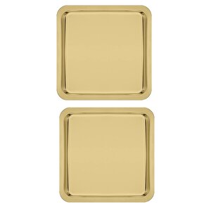 Paslanmaz Çelik Gold Renk Sunum Tepsisi 21 X21 Cm Çay Kahve Pasta Tatlı Servis Sunum Tepsisi 2 Adet