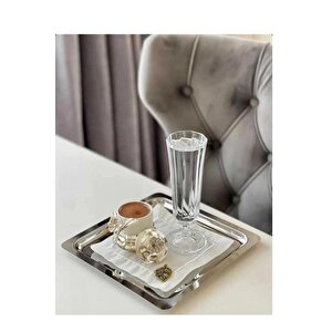 1 Adet Paslanmaz Çelik Gümüş Renk Sunum Tepsisi 21 X21 Cm Çay Kahve Pasta Tatlı Servis Sunum