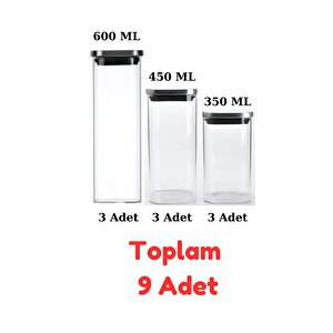 Vakum Krom Kapaklı Kare Cam Kavanoz 600ml 450ml 350 Ml  Saklama Kabı 9 Adet