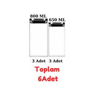 Vakum Krom Kapaklı Kare Cam Kavanoz 800ml 650ml Saklama Kabı 6 Adet