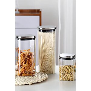 Vakum Krom Kapaklı Kare Cam Kavanoz 8x8x13 Cm - 650 Ml Cam Baharatlık Saklama Kabı 4 Adet