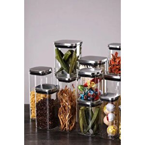 Vakum Krom Kapaklı Kare Cam Kavanoz 8x8x13 Cm - 650 Ml Cam Baharatlık Saklama Kabı 4 Adet