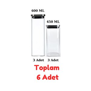 Vakum Krom Kapaklı Kare Cam Kavanoz 600ml 450ml Saklama Kabı 6 Adet