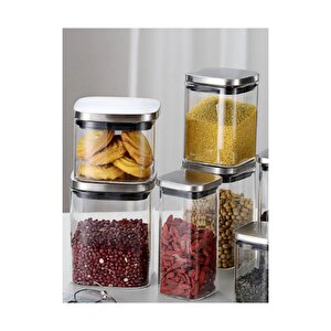 Vakum Krom Kapaklı Kare Cam Kavanoz 8x8*15 Cm -800 Ml Cam Baharatlık Saklama Kabı 3 Adet