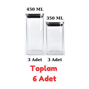 Vakum Krom Kapaklı Kare Cam Kavanoz 450ml 350ml Saklama Kabı 6 Adet