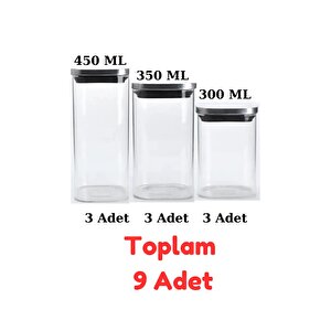 Vakum Krom Kapaklı Kare Cam Kavanoz 450ml 350ml 300ml Saklama Kabı 9 Adet