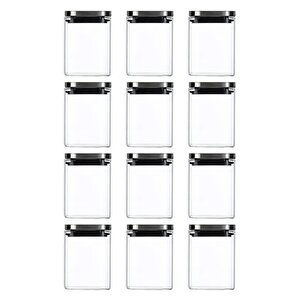Vakum Krom Kapaklı Kare Cam Kavanoz 8x8*10 Cm - 500 Ml Cam Baharatlık Saklama Kabı 12  Adet