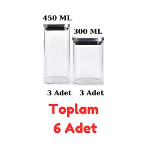 Vakum Krom Kapaklı Kare Cam Kavanoz 450ml 300ml Saklama Kabı 6 Adet