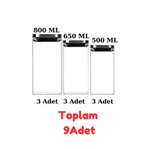 Vakum Krom Kapaklı Kare Cam Kavanoz 800ml 650ml 500ml  Saklama Kabı 9 Adet