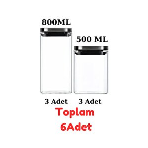 Vakum Krom Kapaklı Kare Cam Kavanoz 800ml 500ml Saklama Kabı 6 Adet