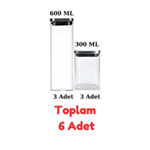 Vakum Krom Kapaklı Kare Cam Kavanoz 600ml 300ml Saklama Kabı 6 Adet
