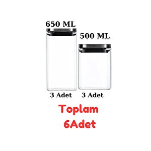 Vakum Krom Kapaklı Kare Cam Kavanoz 650ml 500ml Saklama Kabı 6 Adet